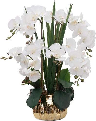 Miniatura 26 de CXGS Planta de orquídeas artificiales de tacto real, orquídeas falsas en jarrón de cerámica, naranja, 19.7 pulgadas, arreglo floral falso