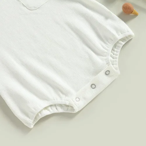 Miniatura 13 de KMBANGI Mameluco de manga corta con cuello redondo de punto acanalado de color sólido para bebé, niña y niño, traje de verano de una pieza