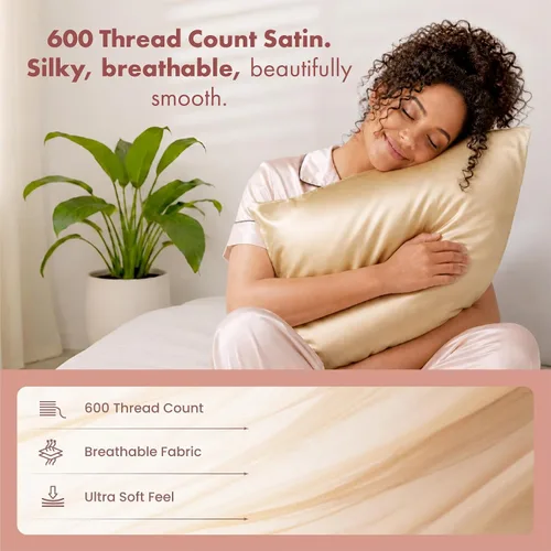 Miniatura 2 de LUCE Funda de almohada de satén de 600 hilos, comodidad sedosa para cabello y piel, similar a las fundas de almohada de seda para un sueño