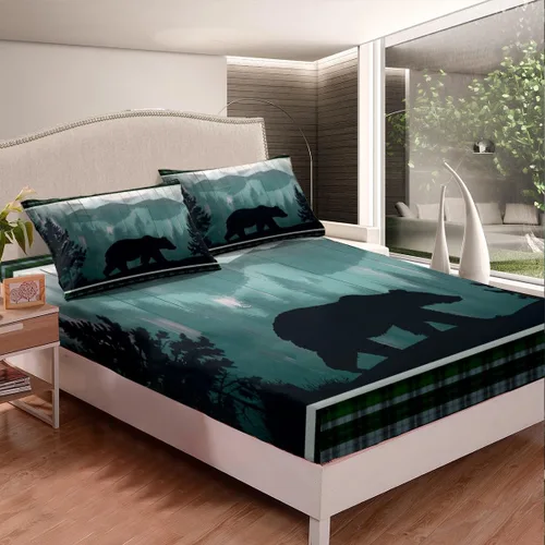 Miniatura 2 de Manfei Sábana bajera ajustable de oso tamaño individual, funda de cama de animales salvajes con 1 funda de almohada, juego de ropa de cama