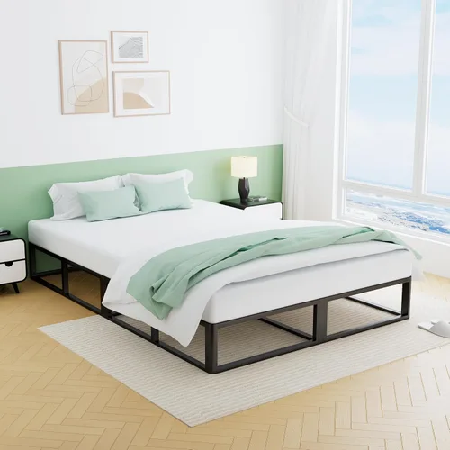 Miniatura 2 de VIPSHOW - Base de cama metálica de 10 pulgadas tamaño Queen con esquinas redondas, base de plataforma baja, listones de acero resistente hasta 3000