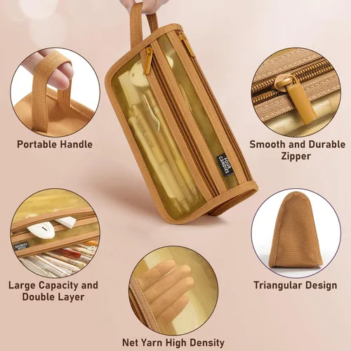 Miniatura 2 de Four Candies - Estuche de malla con asa y cremallera, de doble capa para lápices, maquillaje de viaje, bonita bolsa organizadora de papelería, Marrón