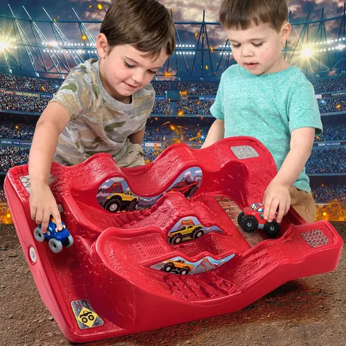 Miniatura 3 de Simplay3 Monster City Extreme Wheels - Mesa de carreras de autos - Mesa de juego portátil roja de 2 caras para niños con 2 camiones Monster Race