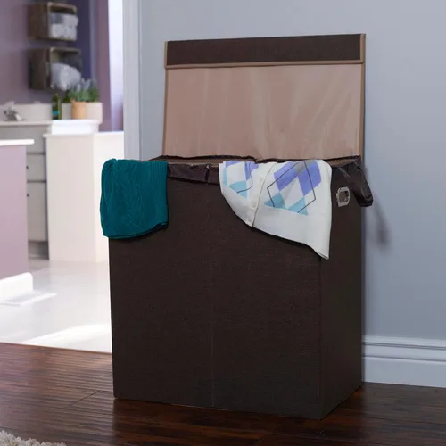 Miniatura 3 de Household Essentials Cesta doble para ropa sucia con tapa, dos compartimentos para una fácil clasificación con forro extraíble, plegable, lino marrón