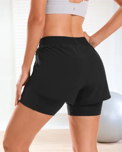 Miniatura 3 de Stelle Pantalones cortos de correr 2 en 1 para mujer, pantalones cortos deportivos de cintura alta, pantalones cortos de entrenamiento con forro