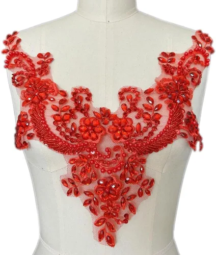 Miniatura 7 de Parches de encaje con flores y cuentas de perlas, apliques de strass para coser en ropa, cuello (AB)