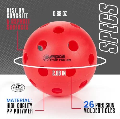 Miniatura 4 de PIXA Titan Pro 26 Pickleball para interiores, aprobado por USAPA, bolas de pickleball duraderas para interiores, rebote constante, vuelo suave, Rojo