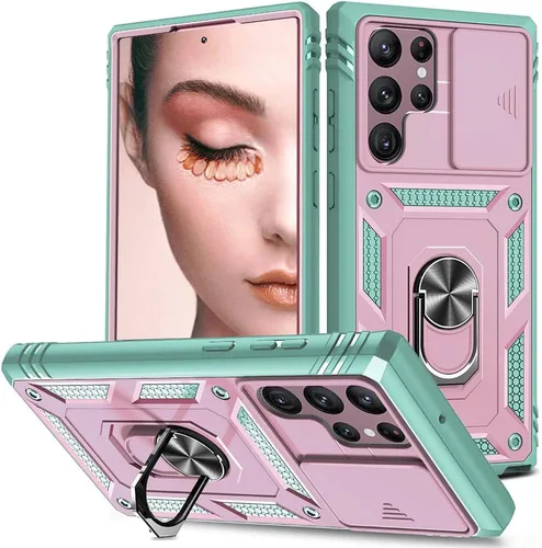 Funda para Samsung Galaxy S22 Ultra 5G con ranura para tarjetero de cámara deslizante, grado militar, resistente, a prueba de golpes, funda de tres