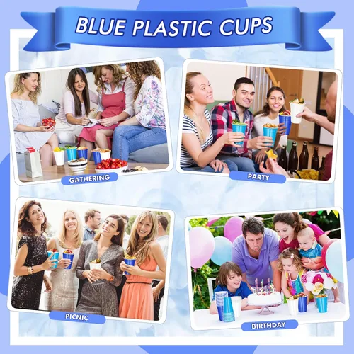 Miniatura 7 de DI QIU REN 150 vasos de plástico para fiestas azules de 16 onzas, vasos desechables de color blanco oscuro y azul claro a granel para fiestas