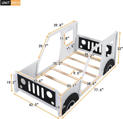 Miniatura 2 de Cama de piso tamaño individual con ruedas, marco de cama Montessori con valla y puerta, cama individual de madera maciza para niños y niñas