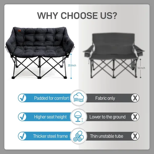 Miniatura 6 de EVER ADVANCED Silla de Campamento Doble para Adultos, Banco Loveseat de Campamento Plegable Acolchado con Bolsillo Lateral Sofá de Campamento
