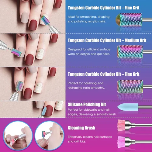 Miniatura 3 de Juego de 100 brocas de uñas con caja de almacenamiento, 25 brocas profesionales de carburo de tungsteno, cerámica y cutículas + 75 bandas de lijado