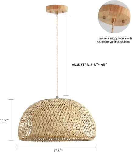 Miniatura 4 de Lámpara Colgante Grande de Bambú de 17.8 Pulgadas de Una Luz Ajustable, Cesta Rústica Hecha a Mano Tejida, Iluminación Colgante para Isla de Cocina