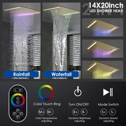 Miniatura 3 de ENGA Sistema de cabezal de ducha de lluvia doble, 2 en 1 funciones de montaje en techo, cabezal de ducha LED de 14 x 20 pulgadas con cabezal de Oro