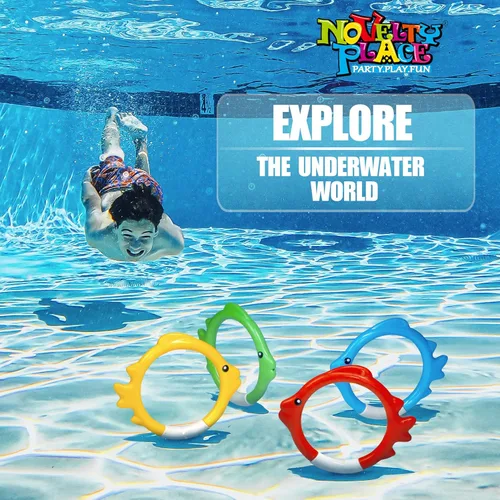 Miniatura 3 de Novelty Place Juego de 4 anillos de buceo, juguetes para lanzar, bucear y recuperar, accesorios de juego de piscina subacuática, anillos de buceo