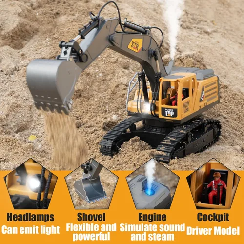 Miniatura 2 de Excavadora de control remoto 1:14, juguetes con control remoto para niños, excavadora RC de 14 canales, juguetes de construcción de tractor, humo