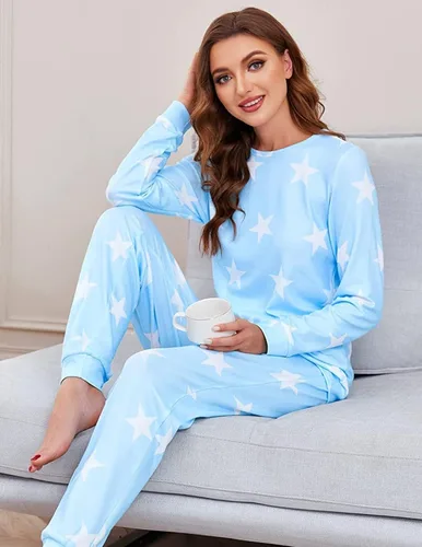 Miniatura 220 de Ekouaer Conjunto de pijama de manga larga para mujer, ropa de dormir suave con cuello redondo y bolsillos