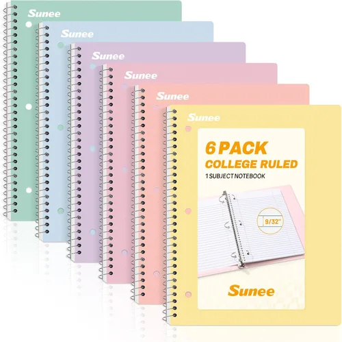 SUNEE Cuadernos en espiral, paquete de 6, 1 materia, papel rayado universitario, 8 x 10-1/2 pulgadas, 70 hojas por cuaderno, cuadernos en espiral de