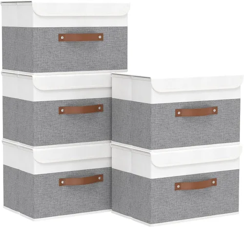 Miniatura 9 de Yawinhe SNK024BEN-1 Cajas de almacenamiento plegables, cestas apilables de tela de lino, contenedor con tapa y asa de cuero, lavable, para el hogar
