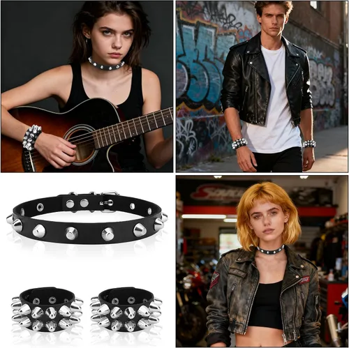 Miniatura 5 de Pulsera de Halloween, collares, accesorios de cuero con tachuelas, con tachuelas emo, punk, góticas, collares para mujeres y hombres