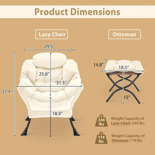 Miniatura 3 de Youtanic Silla Lazy con otomana plegable, silla decorativa de terciopelo tapizada con estructura de metal y almohadillas antideslizantes, sillón