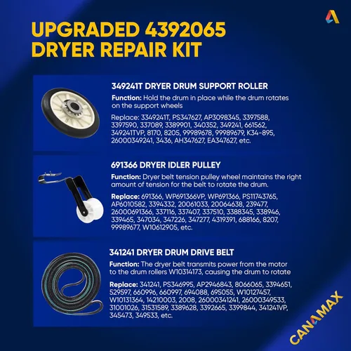 Miniatura 6 de Canamax 4392065 Kit de reparación de secadora con rodillos de tambor 349241T, correa 341241, 691366 tensor – Compatible con secadora Whirlpool