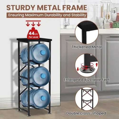 Miniatura 3 de 5 Gallon Water Jug Holder, 3-Tier Water Bottle Holder with Wood Top Shelf, Heavy Duty Water Cooler Jug Rack, Storage Stand for Kitchen Office and