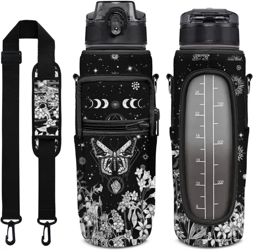 Goth Moon Botella de agua de medio galón con funda - Botella de agua con tapa abatible sin BPA de 32 onzas - con marcador de tiempo, jarra de agua a