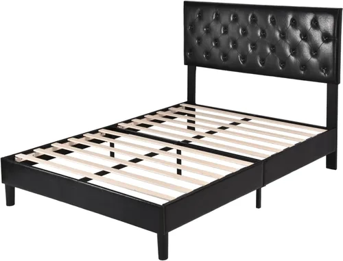 Miniatura 7 de IMUsee Base de cama tapizada de piel sintética tamaño Queen con cabecera capitoné con botón ajustable, listones de madera y soporte de rieles