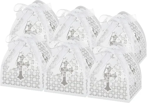 LEMESO 50 cajas de regalo de bautismo y bautizo con etiquetas cruzadas, cajas de regalo de dulces blancas cortadas con láser de fácil montaje, a