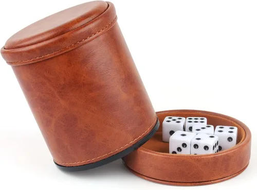 Miniatura 2 de Taza de dados de piel sintética marrón con tapa, taza de terciopelo interior silenciosa con 6 dados para juegos de dados mentirosos, Farkle/Yahtzee