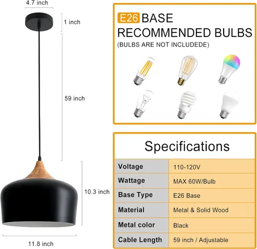 Miniatura 6 de Lámpara colgante industrial negra de 11.8 pulgadas, iluminación colgante de techo ajustable de madera con pantalla de metal en forma de cúpula