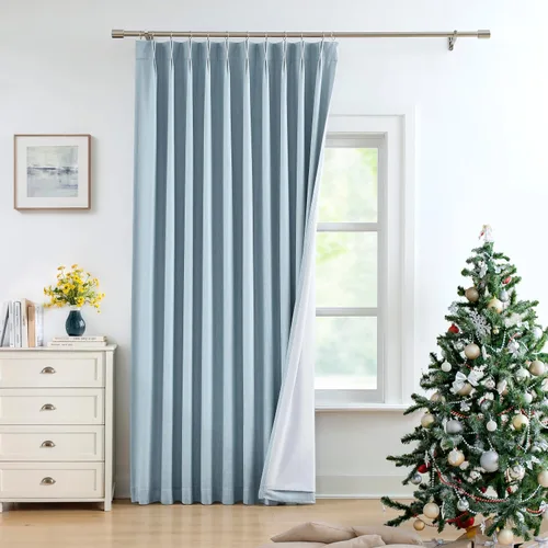 Miniatura 8 de Cortinas azul empolvado completamente opacas con pliegues de pinza, textura de lino, con aislamiento térmico, panel de tratamiento de ventana de 84