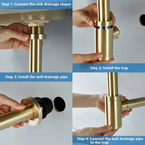 Miniatura 5 de Fregadero de baño de latón P Trap: Trampa para fregadero de 1-1/4 con altura ajustable - Trampa P de botella redonda de oro cepillado con tubo