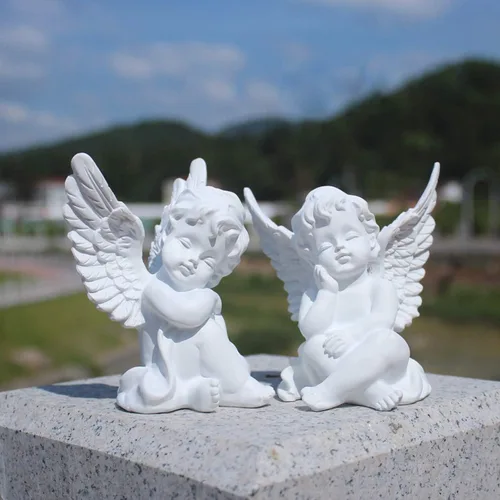 Miniatura 9 de OwMell - Juego de 2 figuras de estatua de ángeles querubines de resina, decoración para el hogar interior, adorable estatua de ángel de escultura