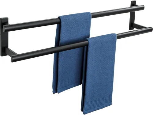 Miniatura 11 de SAYAYO - Toallero doble para baño, 24 pulgadas de barra de toalla negra mate para baño, soporte de toalla montado en la pared, acero inoxidable
