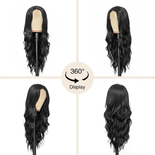 Miniatura 8 de NAYOO Peluca negra ondulada de 26 pulgadas de largo para mujer, peluca sintética de aspecto natural, fibra resistente al calor, suave y ligera, Negro