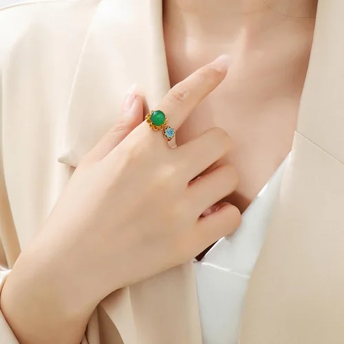 Miniatura 2 de Anillos de jade de loto chino para mujer, anillo étnico ajustable de apertura, Esmalte, No