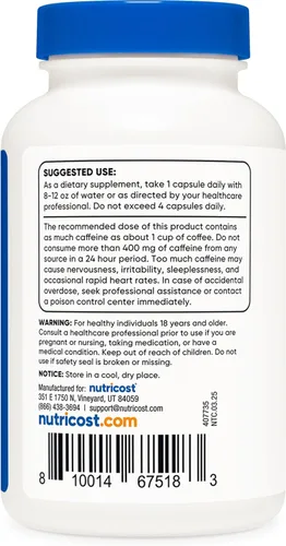 Miniatura 4 de Nutricost Pastillas de cafeína 100 mg por porción, 250 cápsulas