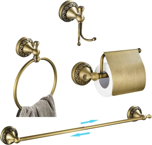 WINCASE Accesorios de baño de latón antiguo, accesorios de baño ajustables retro, juego de barra de toalla de baño de latón de 24 pulgadas, 4 Juego