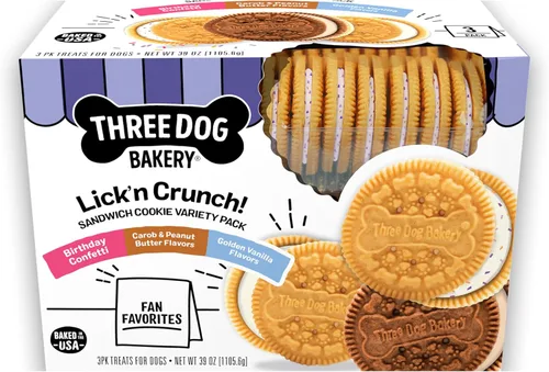 Miniatura 8 de Three Dog Bakery Lick'n Crunch Sandwich Cookies Premium, golosinas para perros sin sabores artificiales, algarrobo/mantequilla de maní