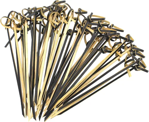 300 púas de cóctel de bambú de 4.7 pulgadas con nudo en bucle, color natural, para fiesta de cóctel, barbacoa, sándwiches de club (negro, 300 piezas)