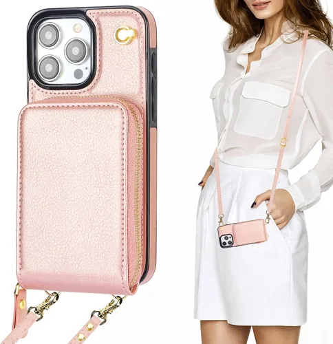 Miniatura 10 de KIHUWEY Funda tipo cartera cruzada para iPhone 15 Pro Max, funda con bolsillo con cremallera y soporte para tarjetas, funda protectora de piel Rojo