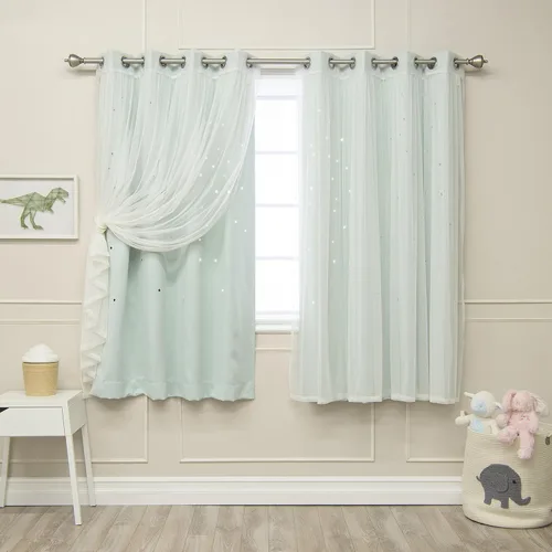 Miniatura 26 de Best Home Fashion Par de cortinas opacas con revestimiento de tul y corte láser, paneles de ventana con ojales plateados para dormitorio, habitación