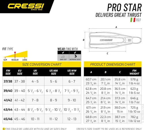 Miniatura 5 de Cressi Aletas de buceo con bolsillo para pies completos para adultos, Pro Star: fabricadas en Italia Amarillo