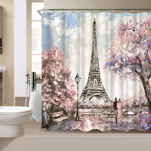Cortina de ducha París para baño, diseño de paisaje Sakura, romántico, impermeable, cortina de tela con 12 ganchos, 72 x 72 pulgadas