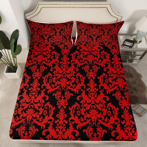 Miniatura 4 de Erosebridal Juego de sábanas de damasco con diseño floral, tamaño individual, gótico, rojo y negro, juego de sábanas de flores barrocas victorianas