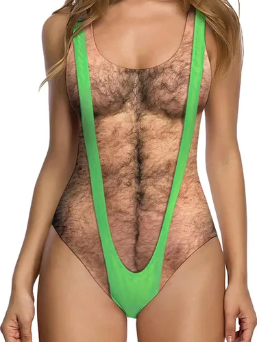 uideazone Traje de baño divertido de las mujeres del pecho del cuerpo peludo impreso hippie trajes de baño traje de baño de una pieza Monokini