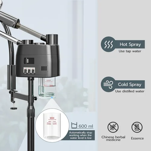 Miniatura 5 de Paddie Vaporizador facial profesional 3 en 1 sobre ruedas para esteticista, niebla fría y caliente, lámpara de aumento LED 5X, color negro