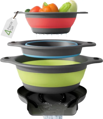 Miniatura 9 de Gevoli Coladores plegables (juego de 3) coladores de alimentos con base de drenaje de agua sobre el fregadero para pasta, frutas y verduras, Blanco